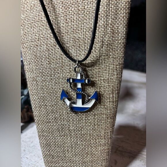 18” Anchor Pendant on Black Suede Necklace with Lobster Clasp & Extension - Picture 2 of 6